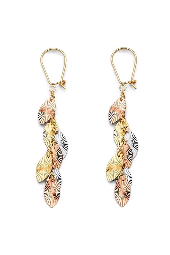 14k Tri-Color Gold Ornate Layered Feather Dangle Leaf Long Earrings Jewelry Female Unisex