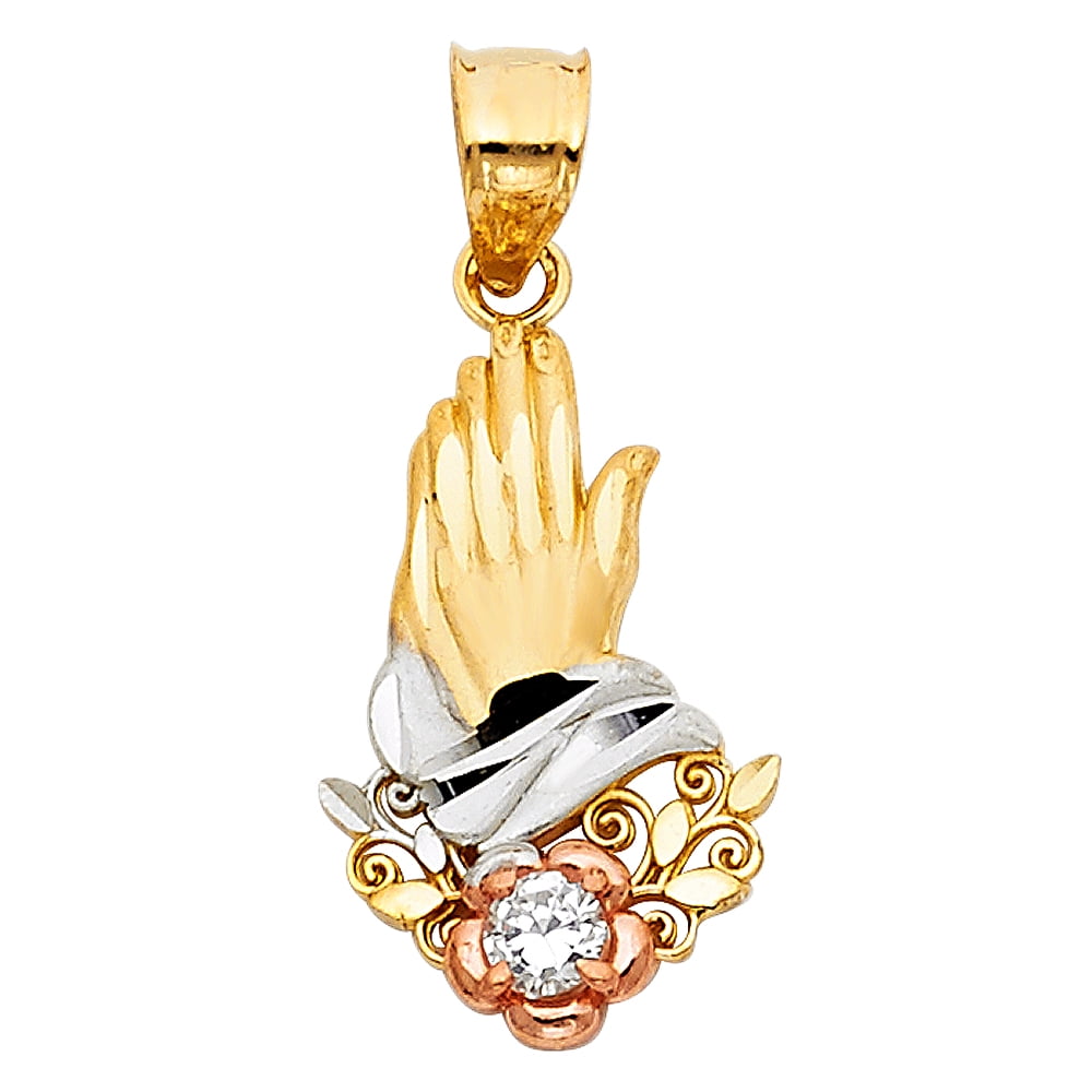 14k Tri-Color Gold Ornate Praying Hands Pendant Studded Filigree Swirl Charm Jewelry Female Unisex