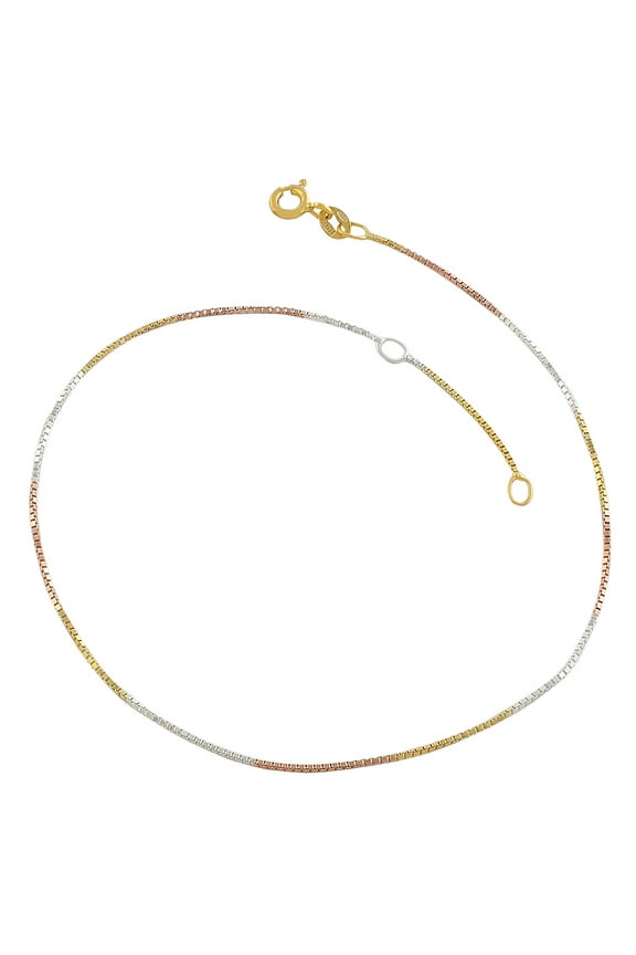 14k Tricolor Gold Over Silver 0.8 mm Venetian Box Chain Anklet (9-10 inch)