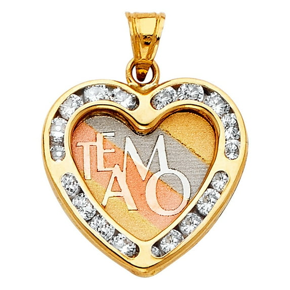 14k Tri Color Gold Round CZ Te Amo Heart Charm Pendant 18mm