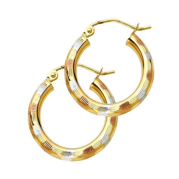 14k Tri-Color Gold Round Stripe Hoop Hinge Clasp Circle Earrings Jewelry Female Unisex