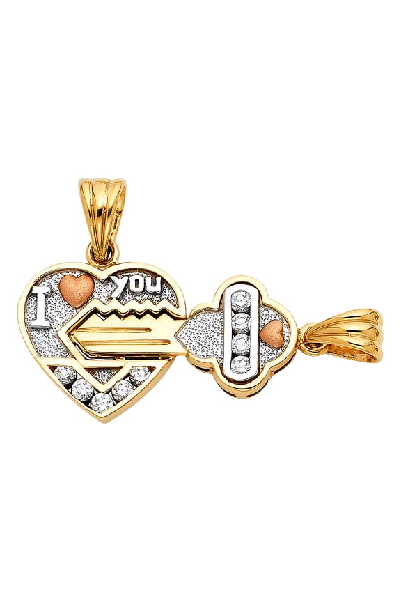 14k Tri-Color Gold Symbol of Love Key to my Heart Couples Pendant Jewelry Female Unisex