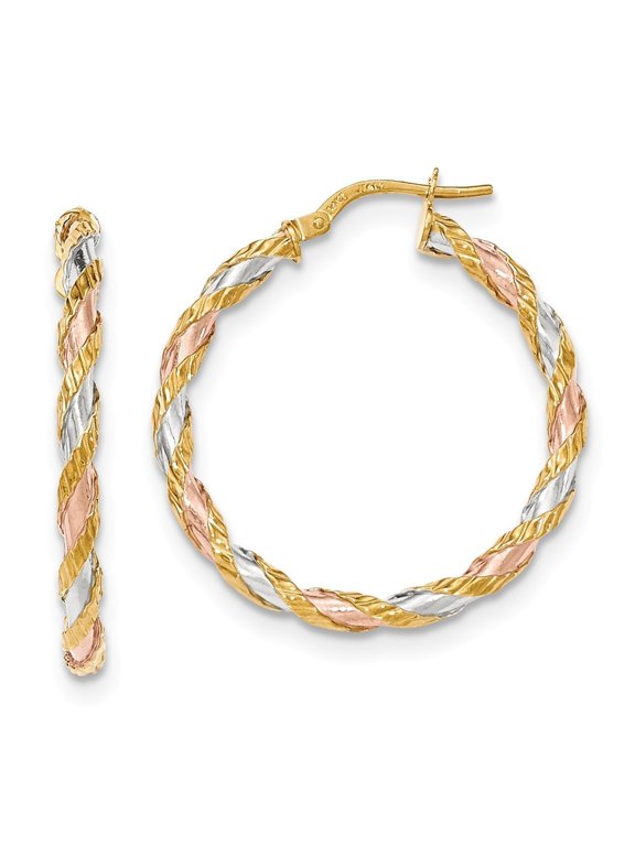 14k Tri-Color Gold Textured Twisted Hoop Earrings - Measures 33x3mm Wide