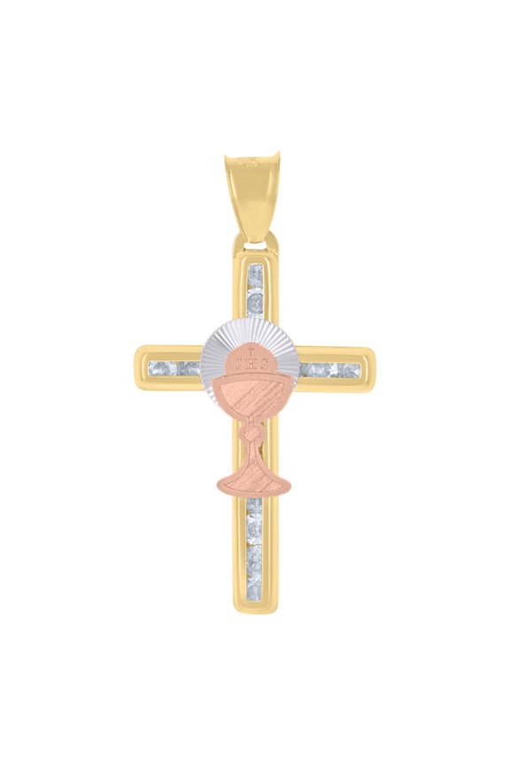 14k Tri-Color Gold Unisex Cubic-Zirconia First Communion Cross Ceremony Religious Charm Pendant