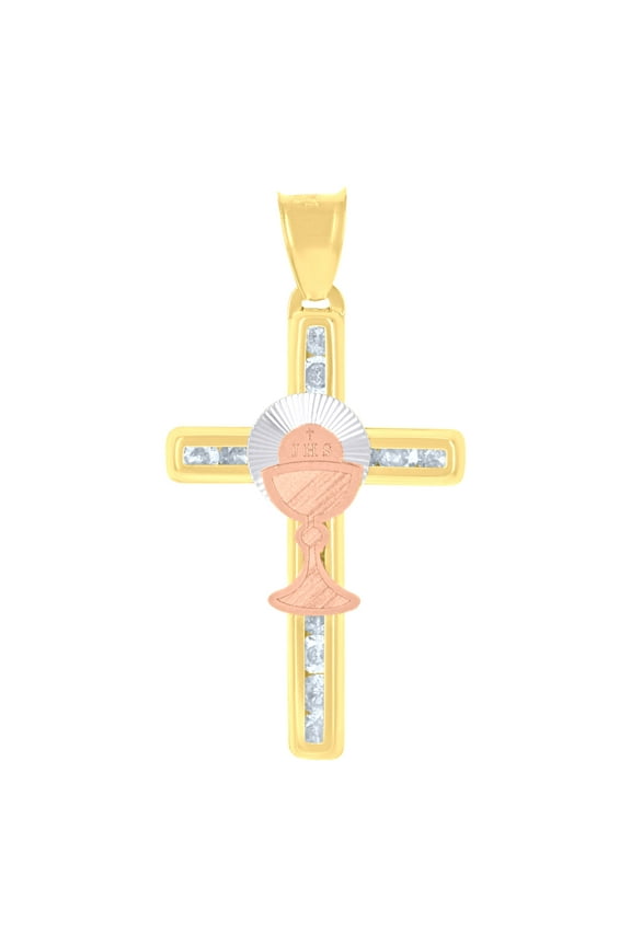 14k Tri-color Gold Unisex Cubic-zirconia First Communion Cross Ceremony Religious Charm Pendant Pendant Necklace for Men Women