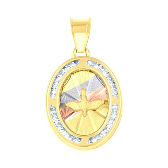 14k Tri-color Gold Unisex Cz Textured Dove Peace Symbol Oval Charm Pendant for Men Women