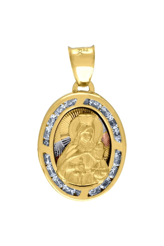 14k Tri-color Gold Unisex Cz Textured Saint Barbara Religious Oval Charm Pendant for Men Women