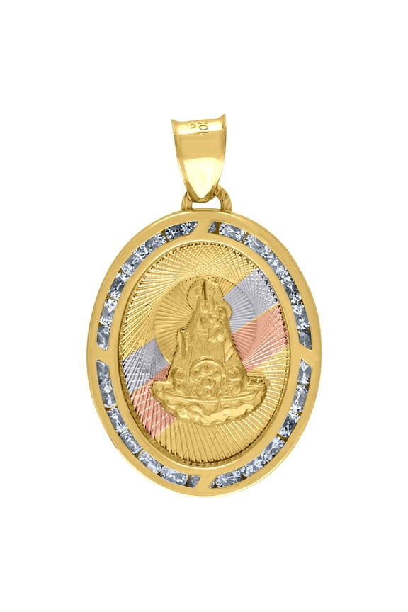 14k Tri-color Gold Unisex Cz Textured Saint Barbara Religious Oval Charm Pendant for Men Women