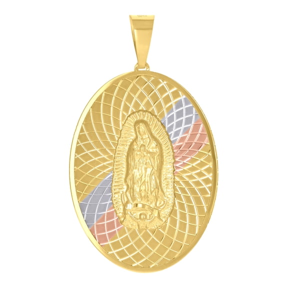 14k Tri-Color Gold Unisex Medallion Oval Guadalupe/Mother Marry Religious Charm Pendant