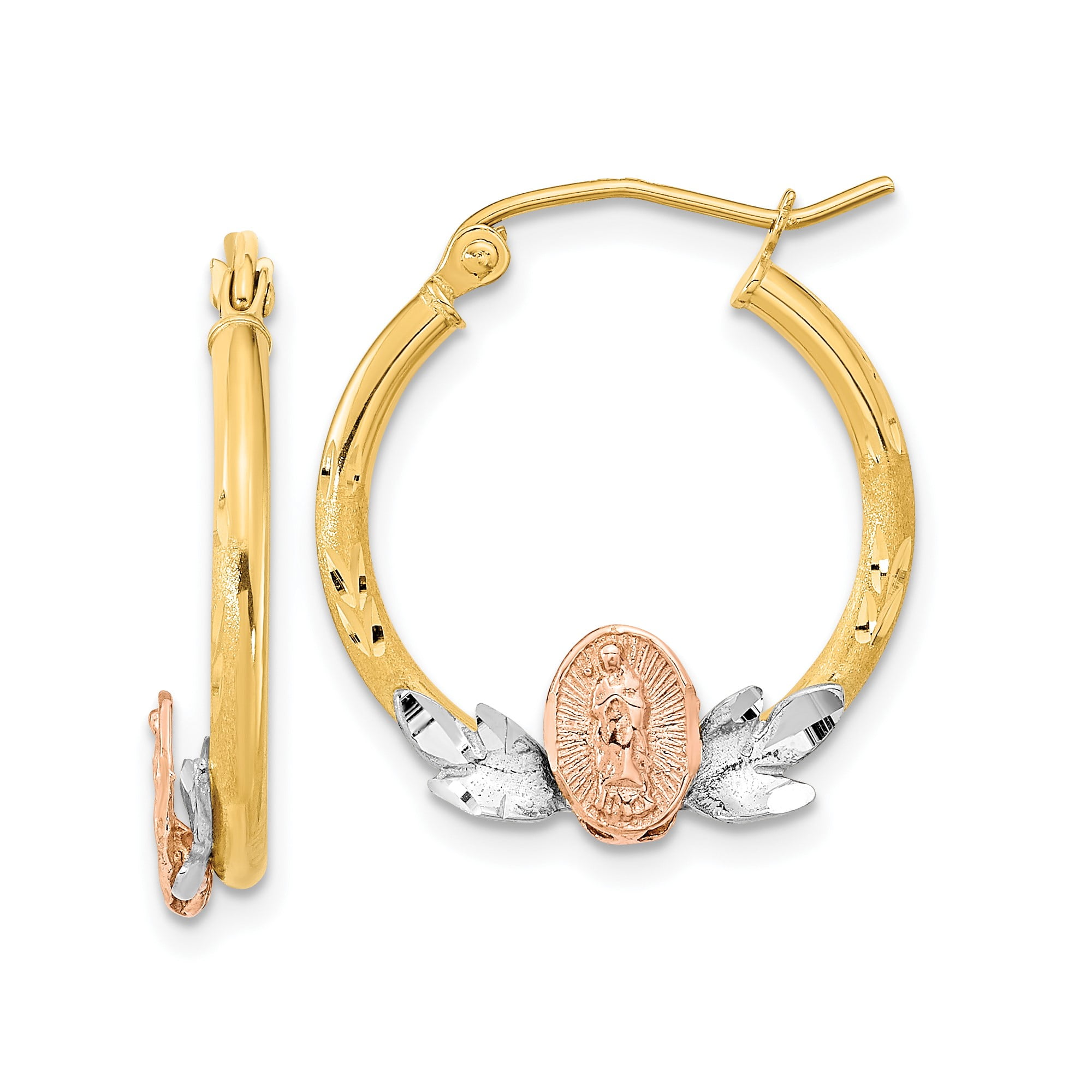 14k Tri-Color Gold Virgin Mary Hoop Earrings for Women, Yellow