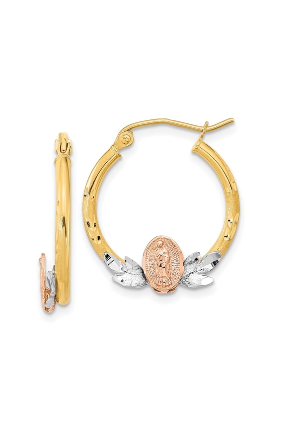 14k Tri-Color Gold Virgin Mary Hoop Earrings for Women, Yellow White Rose Gold Religious Jewelry with Catholic Devotional Design Symbolizing Faith and Spiritual Style