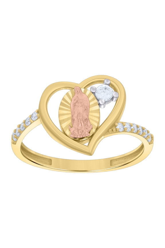 14k Tri-Color Gold Womens Cubic-Zirconia Heart Guadalupe Religious Ring