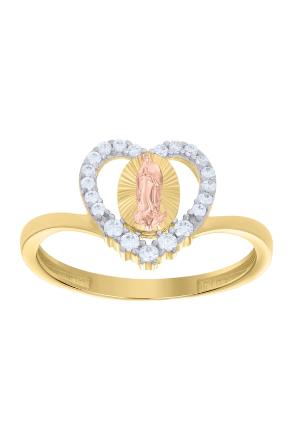 14k Tri-Color Gold Womens Cubic-Zirconia Heart Guadalupe Religious Ring