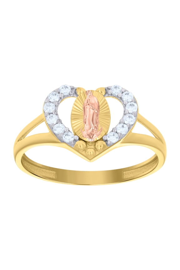 14k Tri-Color Gold Womens Cubic-Zirconia Heart Guadalupe Religious Ring