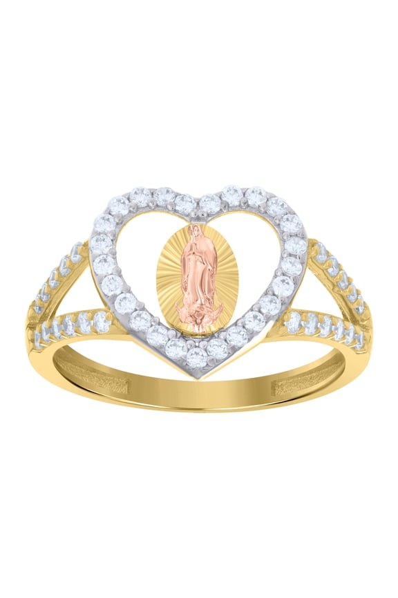 14k Tri-Color Gold Womens Cubic-Zirconia Heart Guadalupe Religious Ring