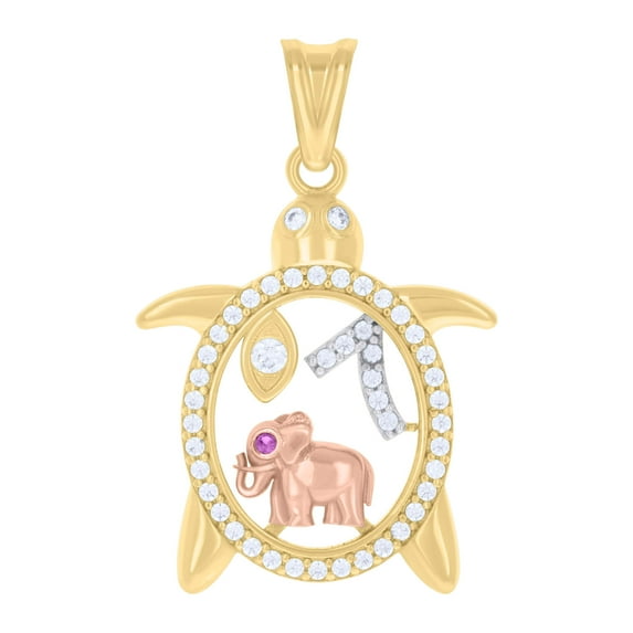 14k Tri-Color Gold Womens Purple White Cubic-Zirconia Elephant Evil Eye 7 Turtle Good Luck Pendant