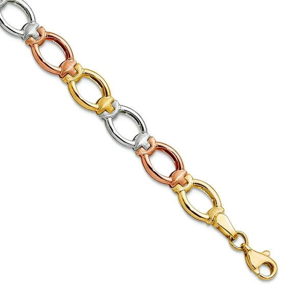 14k Tri-Color Hollow Fancy Lobster Closure Gold Polished and Satin Link Bracelet 7.5 Inch 7mm Wide Link Bracelet for Wom