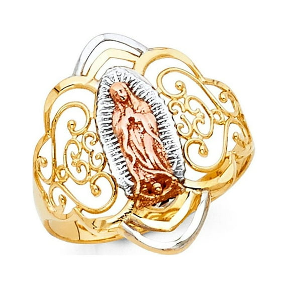 14k Tri Color Italian Gold Marquise Virgen de Guadalupe Ring 20mm