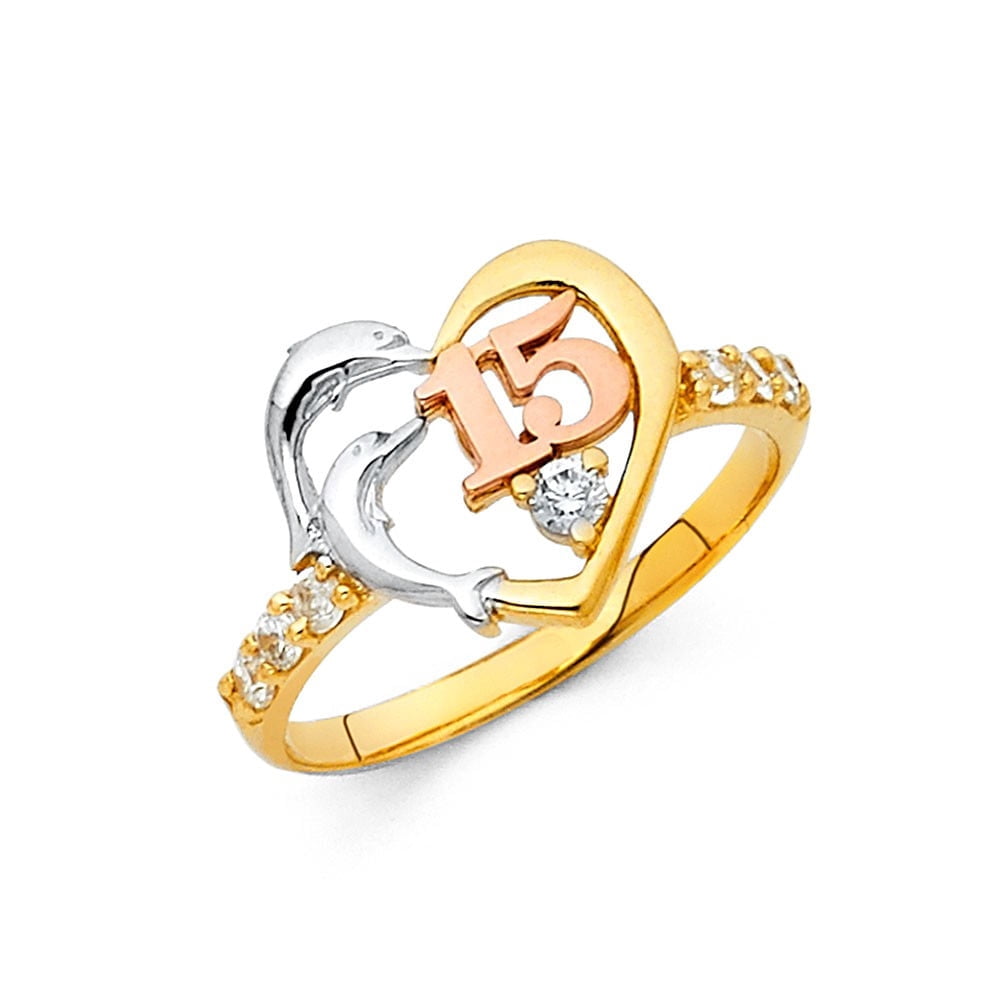 14k Tri Color Italian Gold Round CZ Dolphin Heart Quincea??era Ring 12mm
