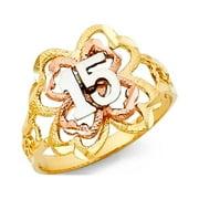 TRUST JEWELRY 14k Tri Color Italian Gold Satin Flower Quinceañera 15 Años Ring 15mm