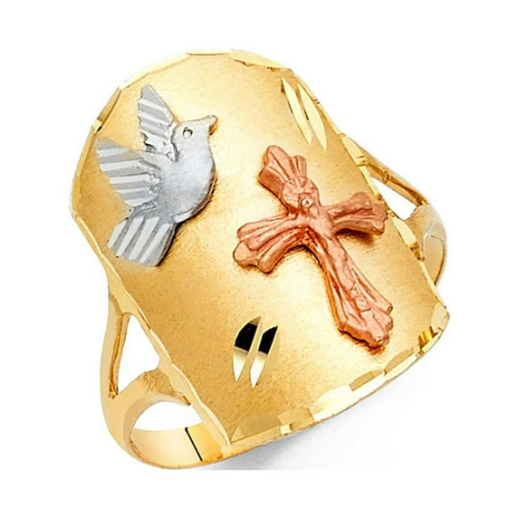 14k Tri Color Italian Solid Gold Cross with Dove Flat Band 20mm Ring