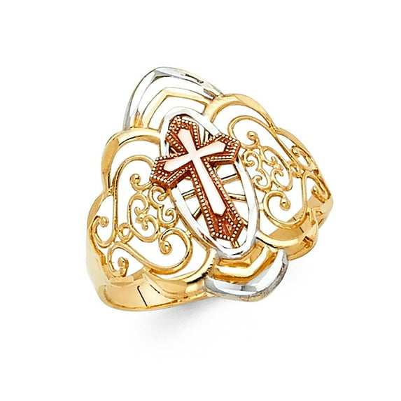 14k Tri Color Italian Solid Gold Religious Spiral Design Cross Ring 20mm