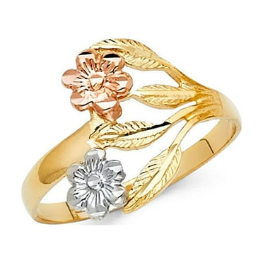 14k Tri Color Italian Solid Gold Two Flowers w/ Branches & Leaves Ring 15mm