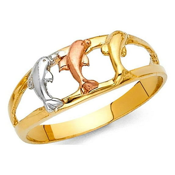 14k Tri Color Real Solid Gold Polish Finish Lucky Dolphins Ring 8mm