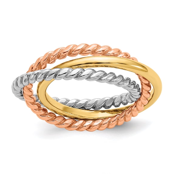 14k Tri-Color Rope Polished 3-band Interlocking Ring K5787