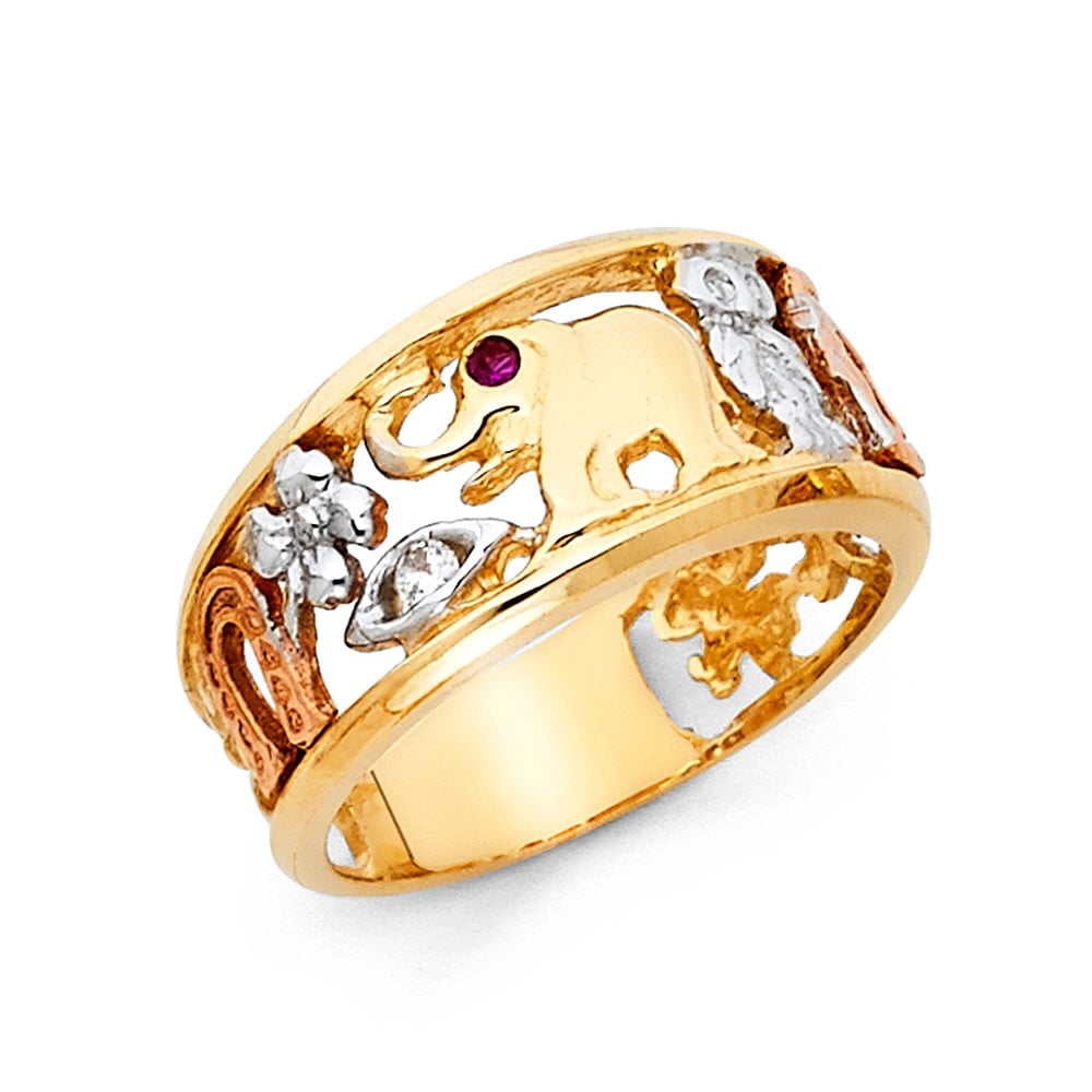 14k Tri Color Solid Gold CZ White & Amethyst Lucky Charm Ring 10mm