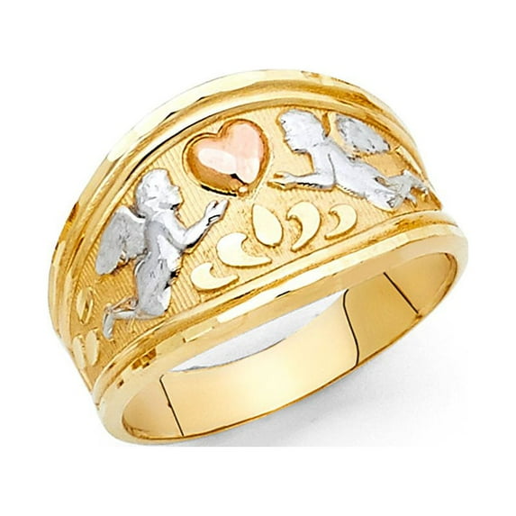 14k Tri Color Solid Italian Gold Fancy Double Angel & Heart Ring 11mm