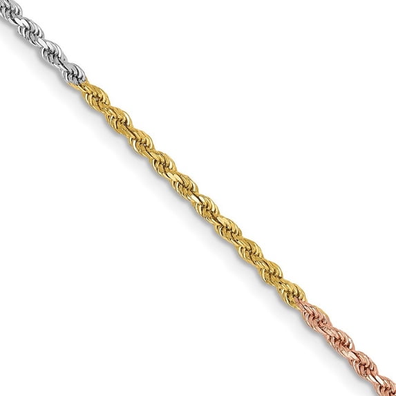14k Tri Color Solid Lobster Claw Closure Gold 1.8mm Sparkle Cut Rope Chain Ankle Bracelet 10 Inch - Anklet for Women and