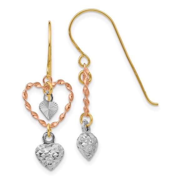 14k Tri Color Textured Shepherd hook Gold Sparkle Cut Love Heart Long Drop Dangle Earrings Measures 29x11mm Wide - Dangl