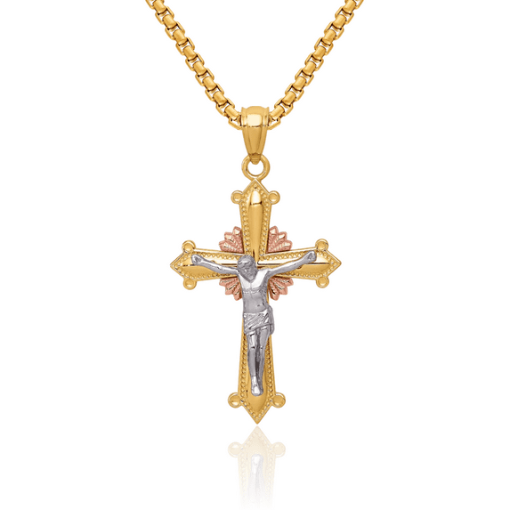 14K Solid Tri Color Pink White Yellow Gold Lord Jesus Christ Crucifix Holy Cross Necklace Heart Irish Claddagh Celtic Religious Chain Pendant Charm Jewelry