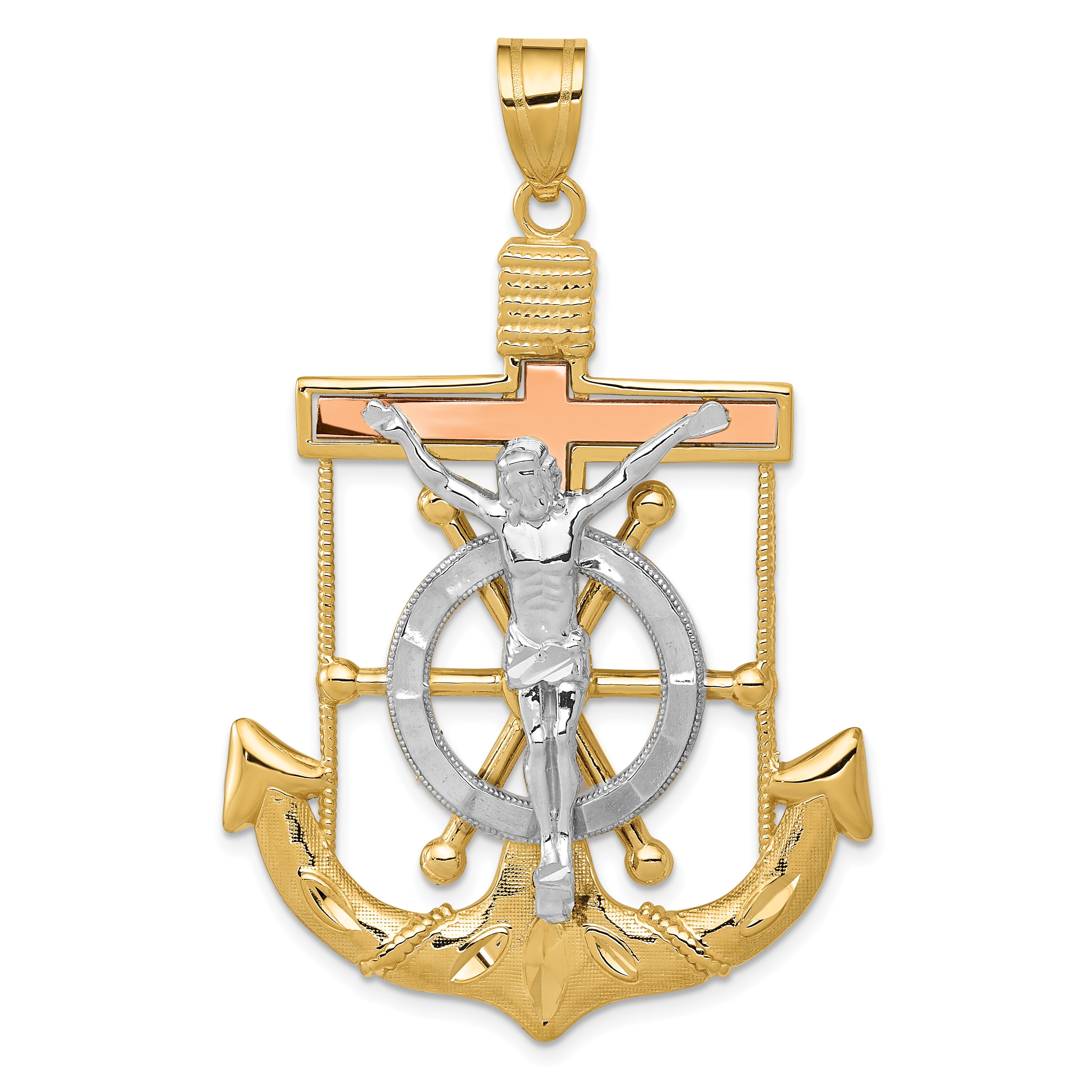 14k Tri Color Yellow White Gold Textured Marinercross Pendant Charm