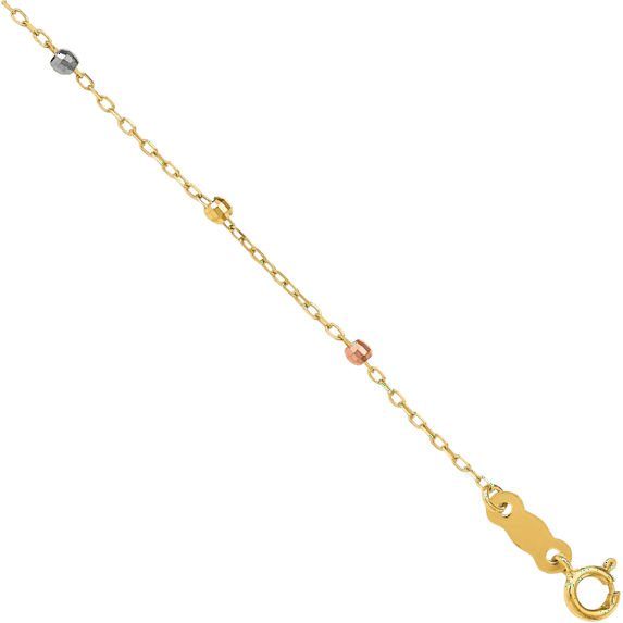 14K Solid Tri Color Pink White Yellow Gold Beaded Ball Holy Cross Chain Charm Bracelet