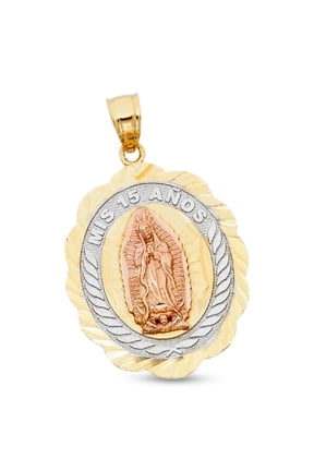 14k Tri Tone Gold 15 Mis Anos Pendant Quinceanera Sweet 15 Years Pendant Genuine Solid 26 mm x 22 mm