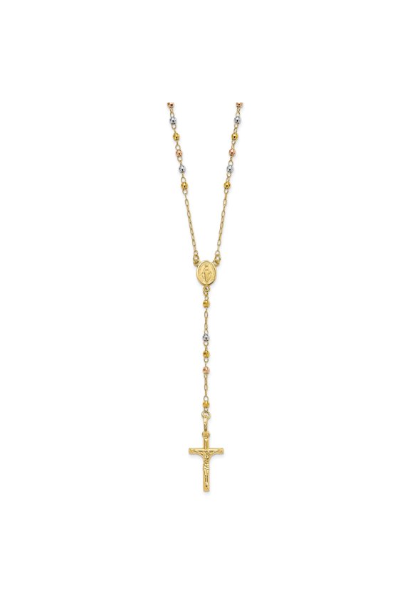 14k Tri-Tone Real Gold Crucifix Cross Pendant for Men and Women with Rosary Chain Virgin Mary Medallion Catholic Necklace Spiritual Religious Jewelry Polished Devotional Design