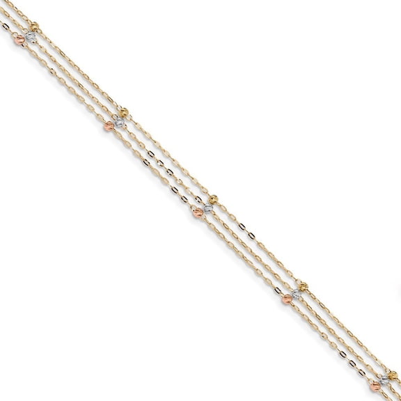 14k Tri-color 3-strand Sparkle-Cut Beaded Anklet - 1.7 Grams - 10 Inch