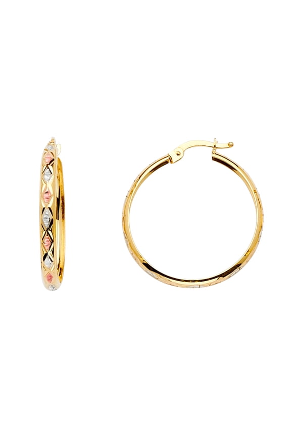 14k Tri-color Gold Diamond-cut Half Dome Hoop Earrings , (26mm X 26mm)
