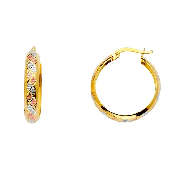 14k Tri-color Gold Diamond-cut Half Dome Hoop Earrings , (33mm X 33mm)