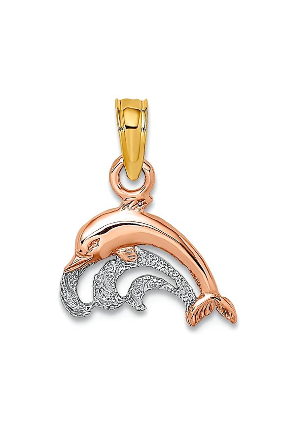 14k Tri-color Gold Pink Dolphin With Cut-out Wave Charm 7.5x11.7mm Wide 1.4mm Thick Pendant Necklace for Women