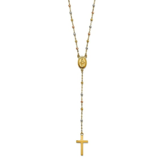 14k Tri-color Gold Rosary Necklace With 3 In Ext 17 Inch 10mm Wide Pendant Necklace for Women