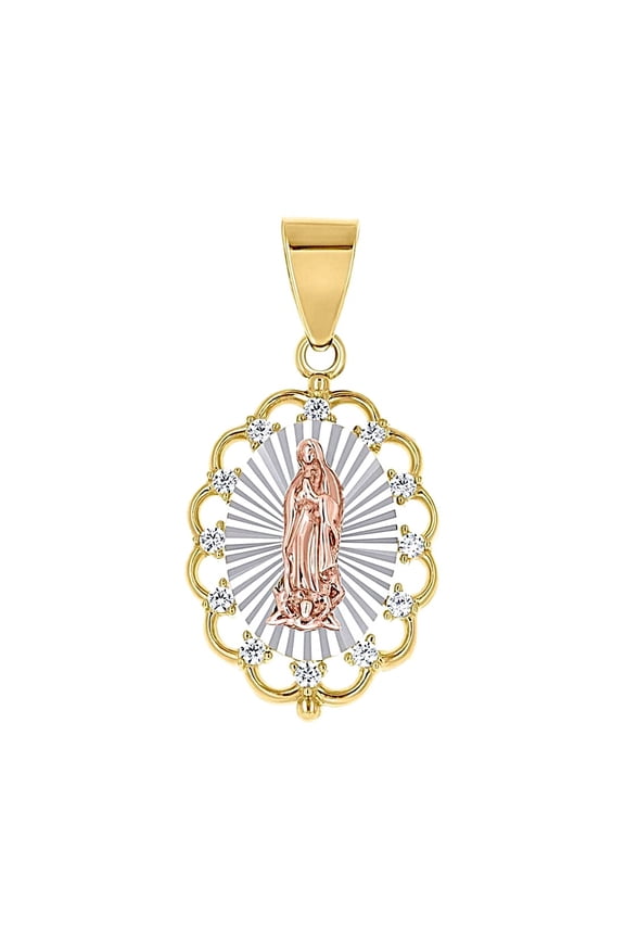 14k Tri-color Gold Unisex Cubic Zirconia Guadalupe Religious Pendant Necklace 24.2x12.1mm Wide Pendant for Women