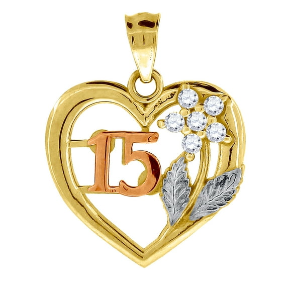 14k Tri-color Gold Womens Cubic Zirconia 15 Anos Love Heart Charm Pendant Necklace 20.1x15.7mm Wide Pendant for Women
