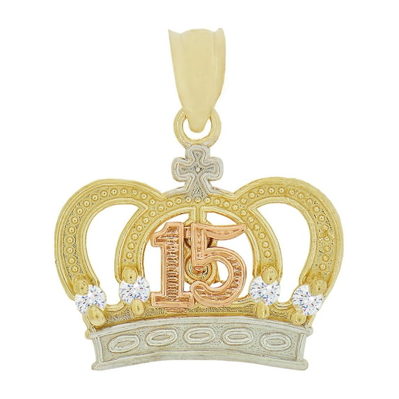 14k Tricolor Gold, 15 Anos Quinceanera Crown Tiara Pendant Charm Created CZ Crystals 19mm with 16" Dainty Neck Chain