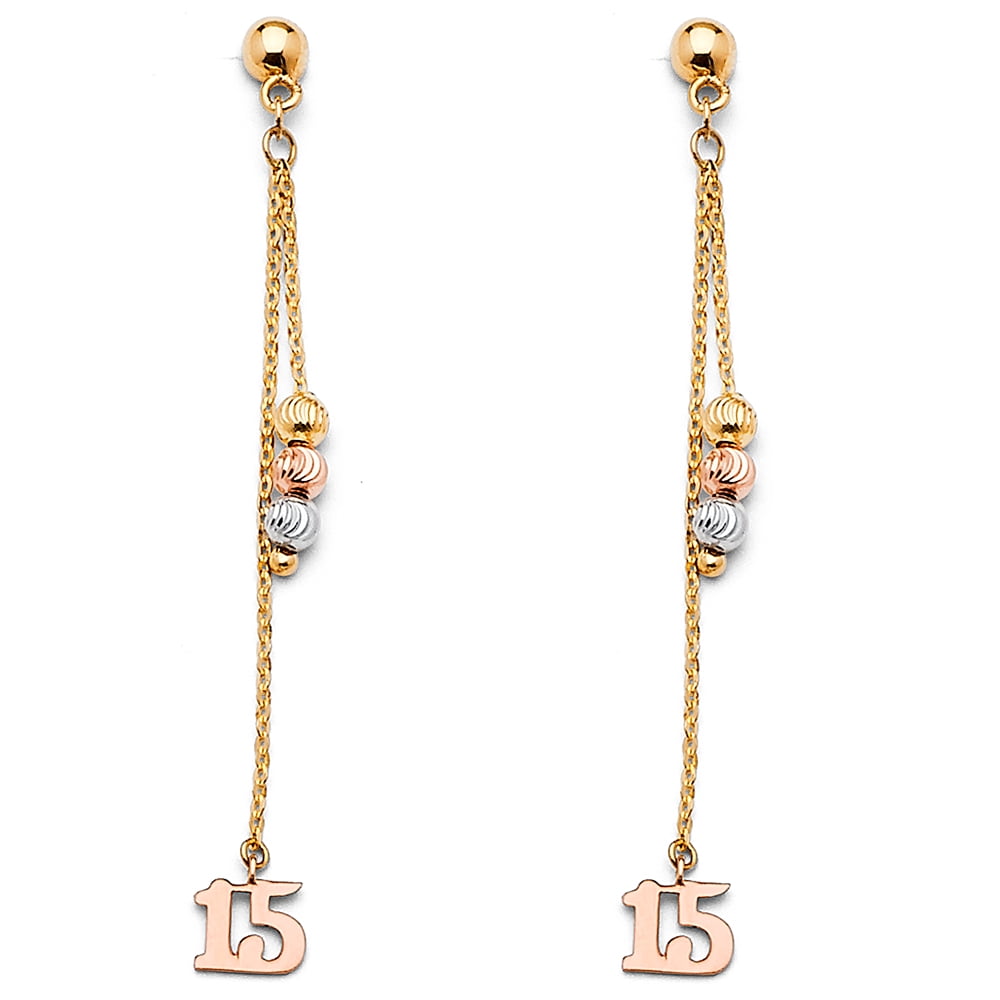 14k Tricolor Gold 15 Birthday Quinceanera Earrings Hanging Dangling Double Chains Design 45mm x 5mm 5c728c99 6ddb 4f0d a765 cb79de95364b 1.258124fe483176702042102fde11eec5