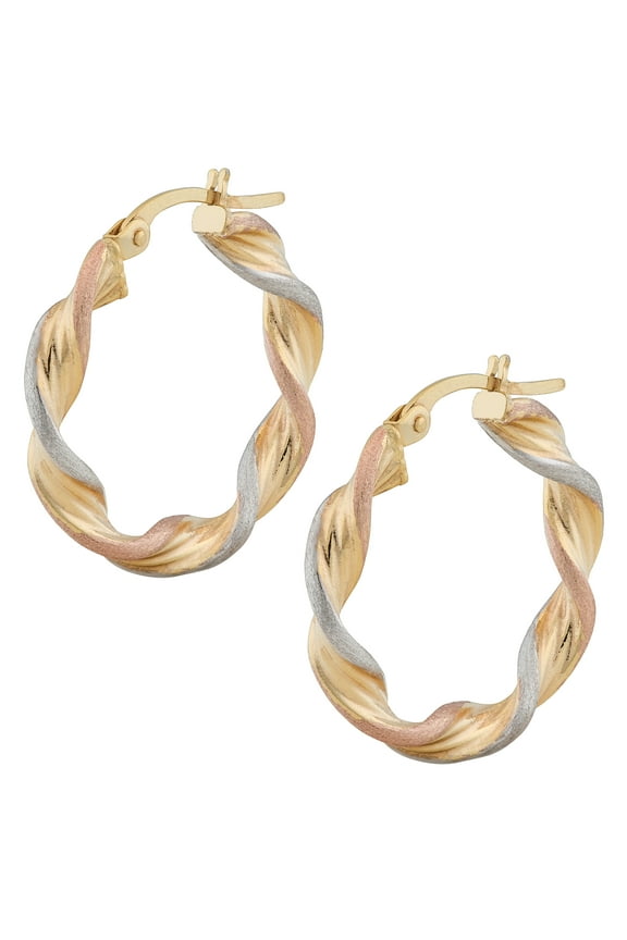 KoolJewelry 14k Tricolor Gold 3.5x15mm Satin Twist Hoop Earrings