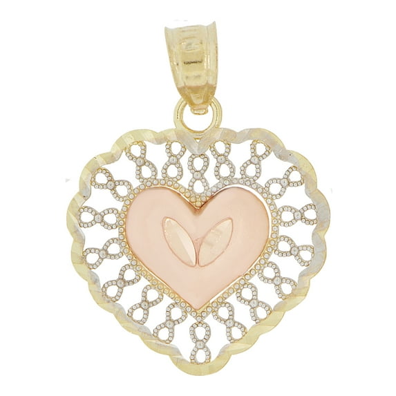 14k Tricolor Gold, Filigree Heart Pendant 19mm with 18" Dainty Neck Chain