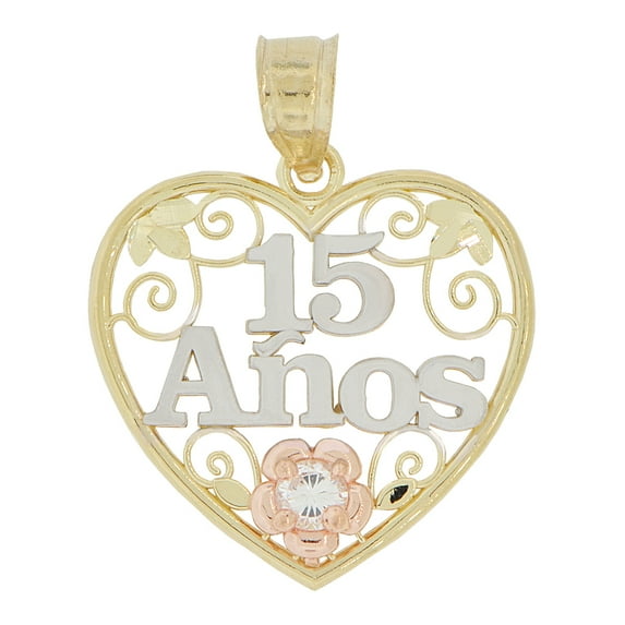 14k Tricolor Gold, Heart Filigree 15 Anos Quinceanera Pendant Charm Created CZ Crystal 20mm with 18" Dainty Neck Chain